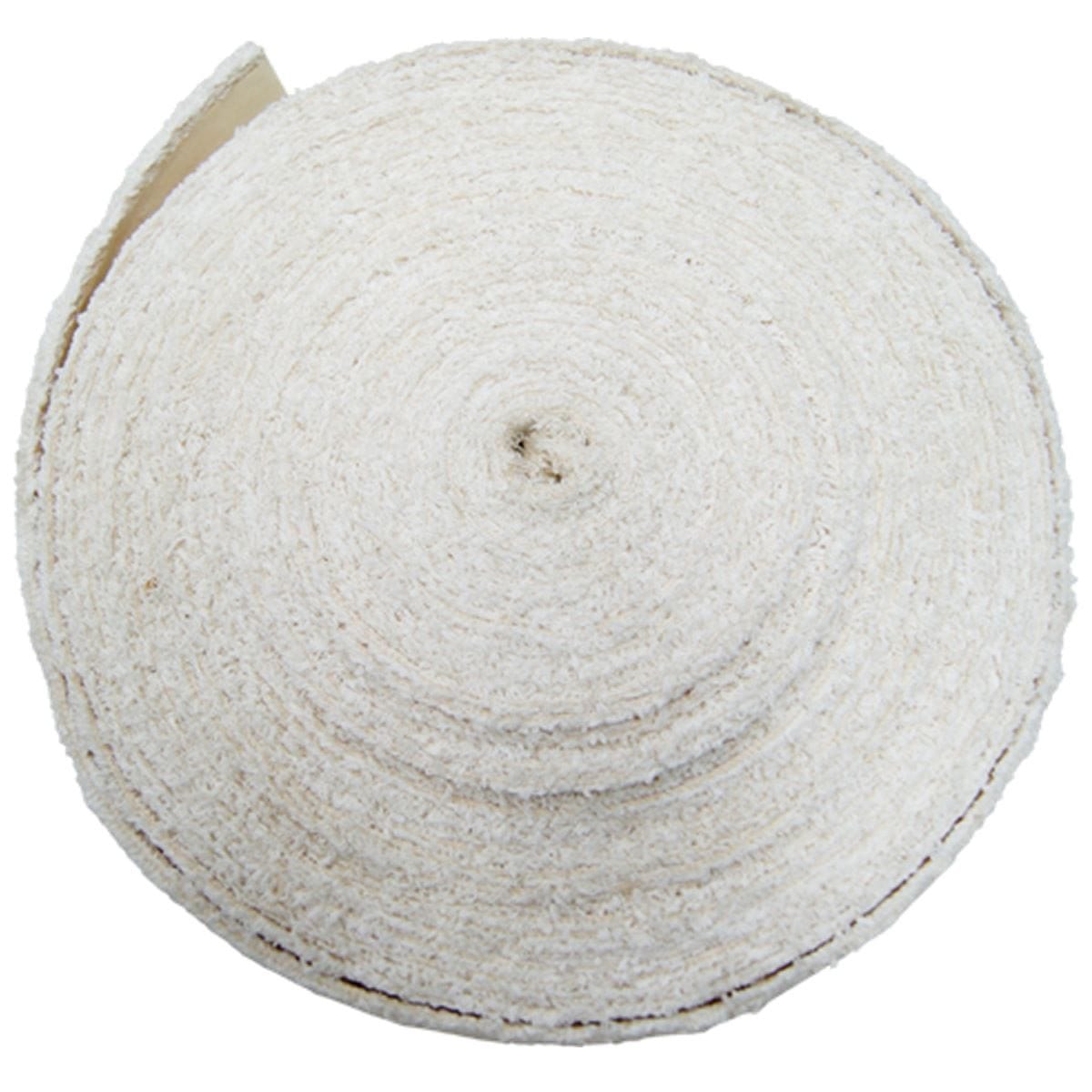 An overhead view of the FZ Forza Badminton Towel Grip (12m) in white reveals a tightly coiled roll with a rough texture, reminiscent of natural jute or fiber rope. The grip is evenly wound into a circular pattern.