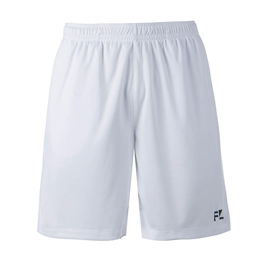 The FZ Forza Landos Men's Badminton Shorts in white are designed with an elastic waistband and feature the "FZ" logo printed in black on the lower left side. These Danish-designed shorts incorporate Dryforze technology, providing a smooth and breathable material to boost your performance on the badminton court.