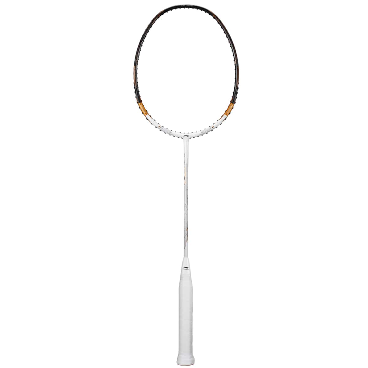 The Li-Ning TecTonic 7 4U badminton racket, made from T1100G military-grade carbon fiber, showcases a sleek white frame with a black and brown grip and strings. Its Energy Absorption Rebound Technology enhances play performance, elegantly presented against a plain white background.