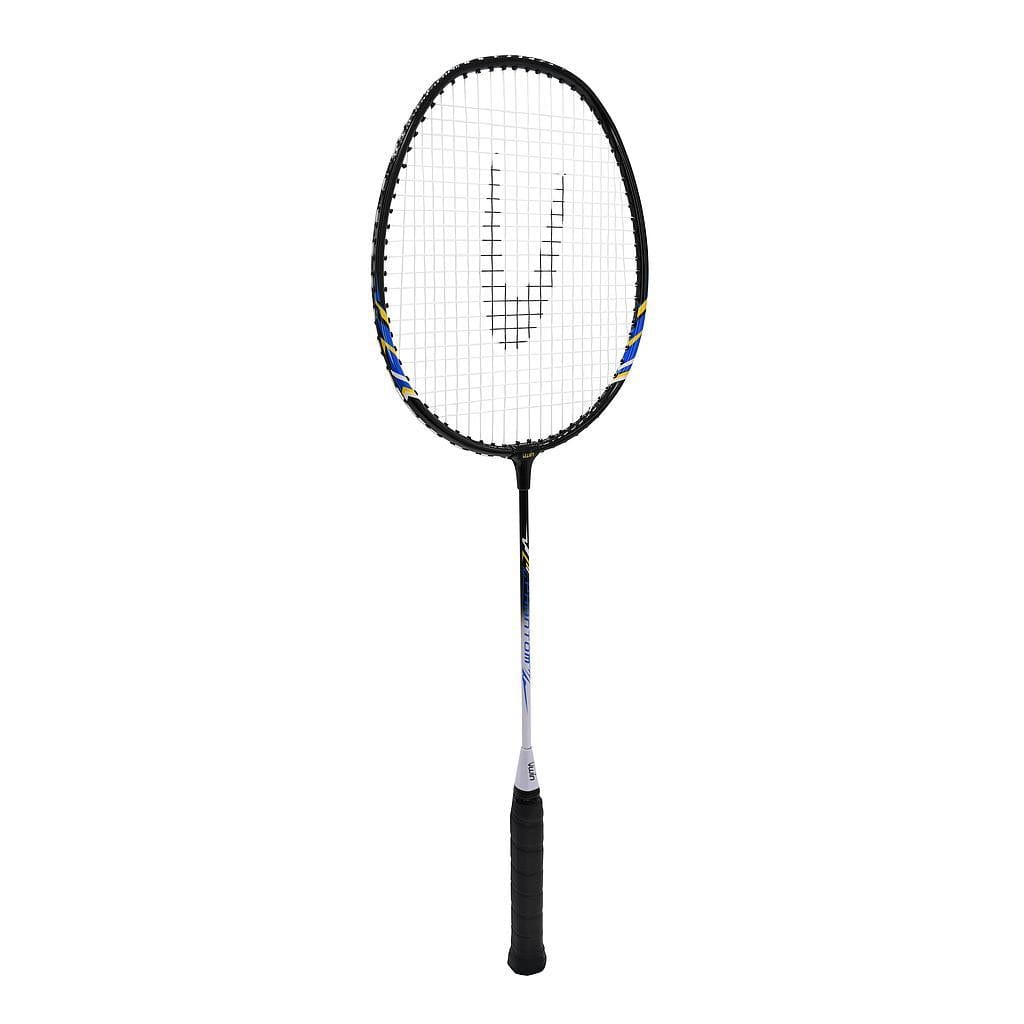 The Uwin Phantom Badminton Racket - Black / Blue, from Uwin, features a black frame and strings highlighted with blue and yellow accents on the head. Wrapped in black grip tape, this sturdy beginner-level racket stands upright against a plain white background.