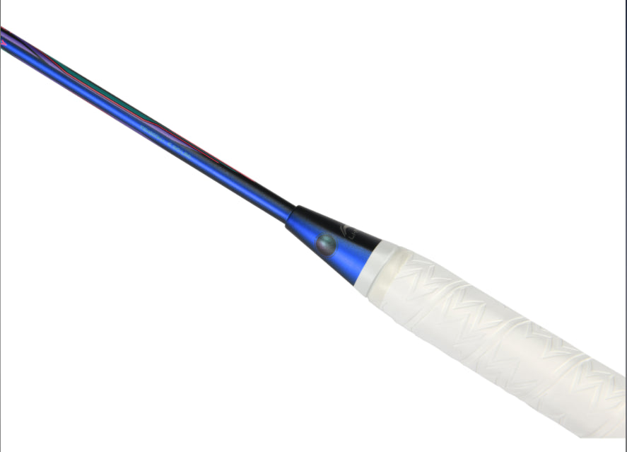 The Li-Ning Aeronaut 6000 Instinct 5U Badminton Racket is shown with a detailed view of its handle, featuring a blue shaft and white grip with textured patterns. Designed for lightweight performance and fast attack gameplay, the racket's vibrant colors stand out against a plain white background.