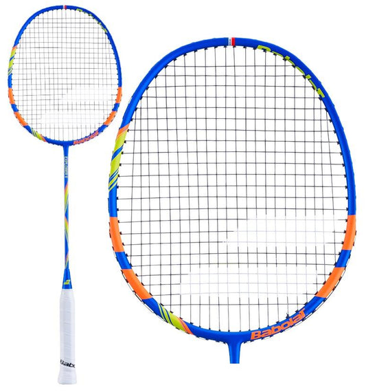 The Babolat Explorer II Badminton Racket in blue is designed with a vibrant blue and orange color scheme and features a durable construction. It includes a white grip, with the brand name "Babolat" prominently displayed on both the shaft and head. This beginner-level racket is equipped with black strings and includes colorful accent markings along the frame.