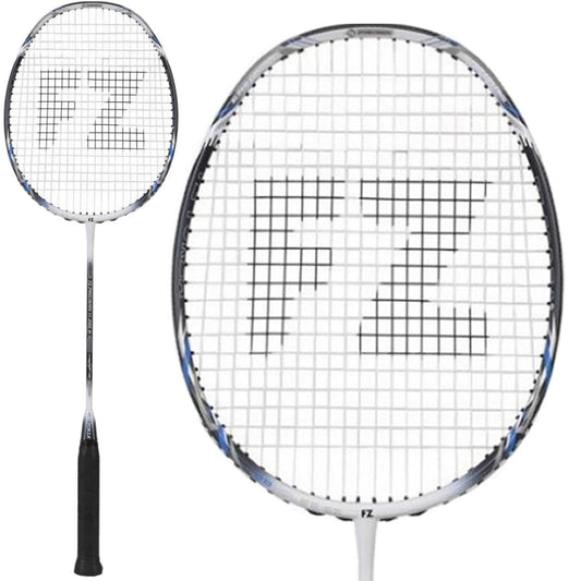 A favorite among professional players for its accuracy and power, the FZ Forza Precision 11000 M Badminton Racket - Blue Black features a black handle and showcases "FZ" on the strings. The racket is depicted both in full view and with a close-up of its head, highlighting the striking blue accents on its frame.