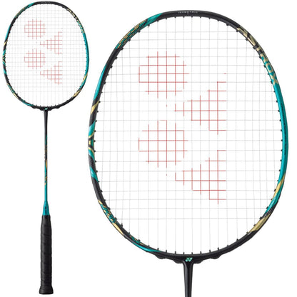 The Yonex Astrox 88S Pro Badminton Racket features an elegant emerald blue frame, complemented by a vibrant red pattern on the white strings. Its handle is skillfully wrapped in black grip tape, and the Rotational Generator System enhances gameplay by providing outstanding balance and responsiveness for each shot.