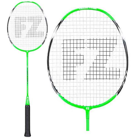 The FZ Forza Dynamic 6 badminton racket, designed for beginners, showcases a vibrant green body with a black grip and an "FZ" logo intricately woven into the string pattern on the head.