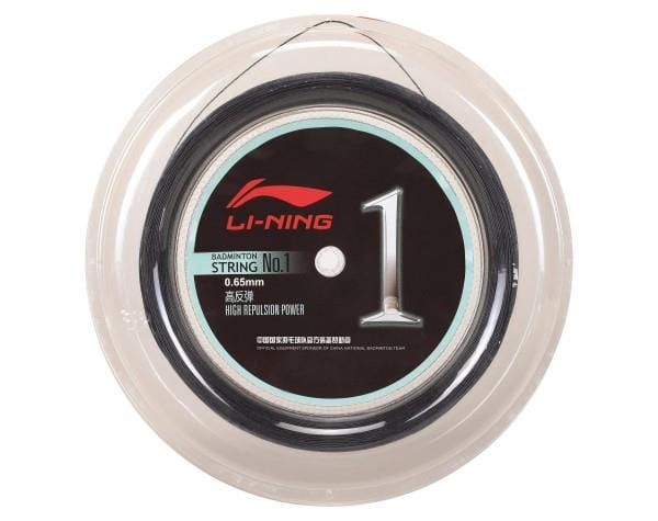 The packaging of the Li-Ning No1 0.65mm Badminton String 200m - Black, branded as "String No. 1," proudly emphasizes its high-repulsion power with a sleek circular design. The transparent outer layer effectively displays the premium quality inside, all highlighted by its precise 0.65mm gauge.