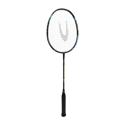 The Uwin Phantom Pro Badminton Racket by Uwin showcases a black handle adorned with yellow and blue accents, along with a stringed, oval-shaped head. Designed as an entry-level racket, it is perfectly tailored for enjoyable play.