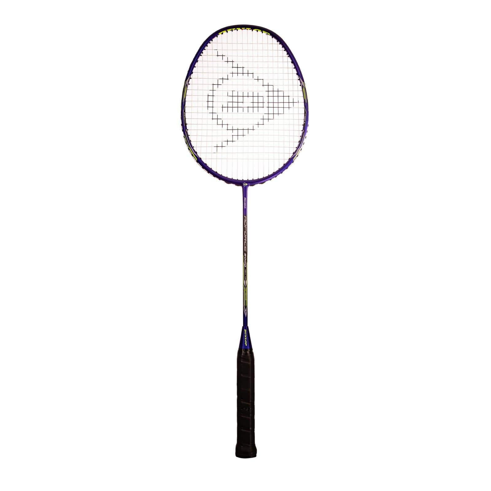 Here's an image showcasing the Dunlop Adforce 2000 badminton racket in blue, perfect for intermediate level players. It features a black handle and a circular head with strings patterned around the central logo. The racket's dark frame is highlighted by lighter tones, all set against a plain white background.