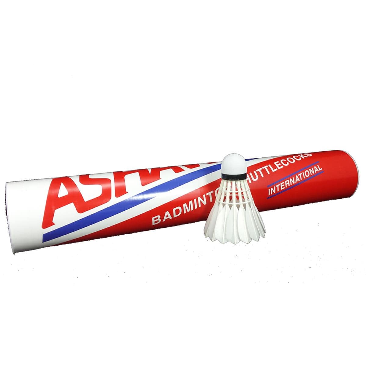 A red and white cylindrical container labeled with "Ashaway" and "Badminton Shuttlecocks" is positioned beside a single white shuttlecock, meticulously crafted with a quality cork base and genuine goose feathers.