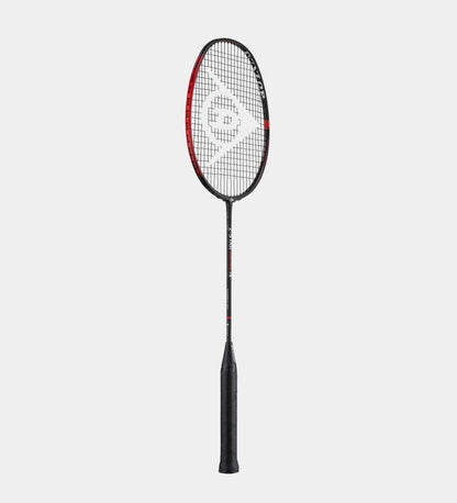 The Dunlop Z-Star Control 78 Badminton Racket, designed for advanced level players, showcases its sleek black and red design. Featuring Sonic Core Infinergy technology with a grid of strings and a black handle, this stylish racket is set against a plain white background.