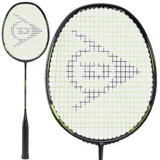 The Dunlop Nitro Star FS-1000 Badminton Racket by Dunlop boasts a flexible graphite shaft, a black handle, and an oval-shaped head. The strings are arranged in a classic crisscross pattern featuring the iconic Dunlop logo, while the black frame is complemented by striking green accents.