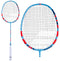 The Babolat Explorer I Badminton Racket - Blue is a striking badminton racket designed by Babolat, featuring a vibrant blue frame accented with red and white highlights, complemented by a sleek white handle. Ideal for beginner-level players, this racket is displayed from both the front and side angles to emphasize its stylish design.