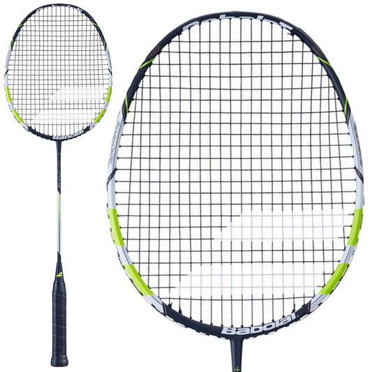 The Babolat I-Pulse Lite Badminton Racket - Black Yellow features a black frame and white strings, with a black handle accented by green details. Its lightweight design is beautifully presented in both a full view and a close-up of the racket head, accentuating its sleek appearance.