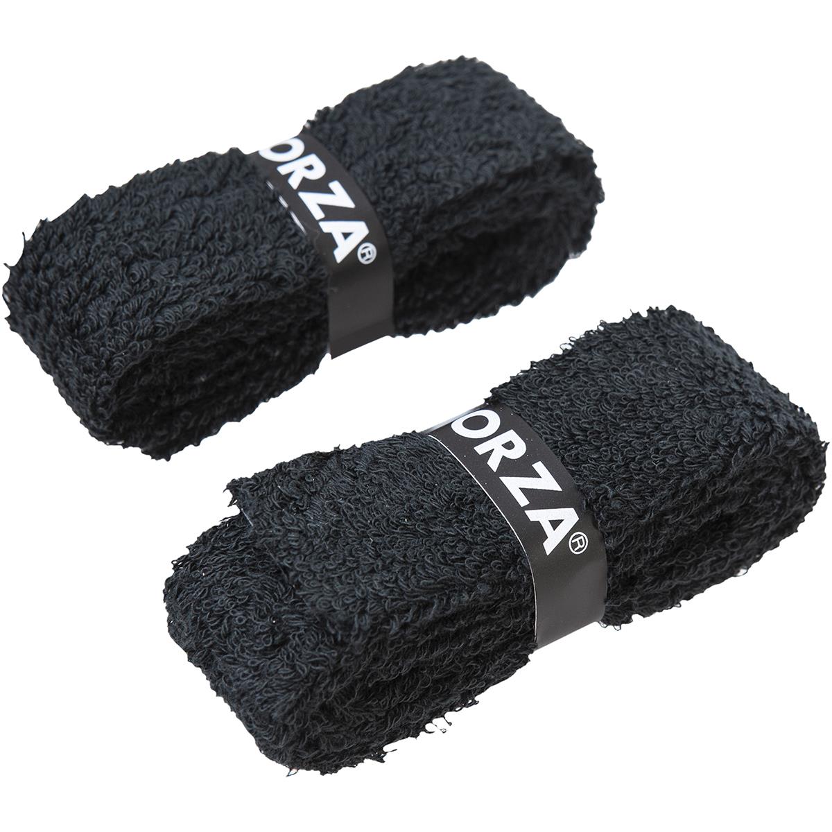 Experience style and comfort with a pair of FZ Forza Badminton Towel Grips in Black. These textured, terry cloth wristbands are rolled up and secured with bands labeled "FORZA," offering excellent sweat absorption and a comfortable towel grip design for enhanced performance during physical activities.