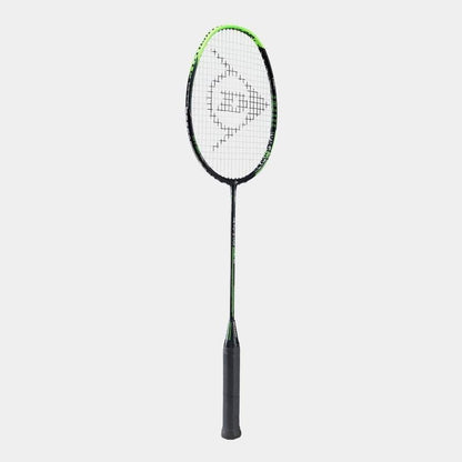 The Dunlop Revo Star Titan 85 Badminton Racket, made from High Modulus Graphite, features a black frame with green accents and a patterned string bed. It includes an anti-torsional regulator for added stability and has a stylish black handle, all showcased against a plain white background.