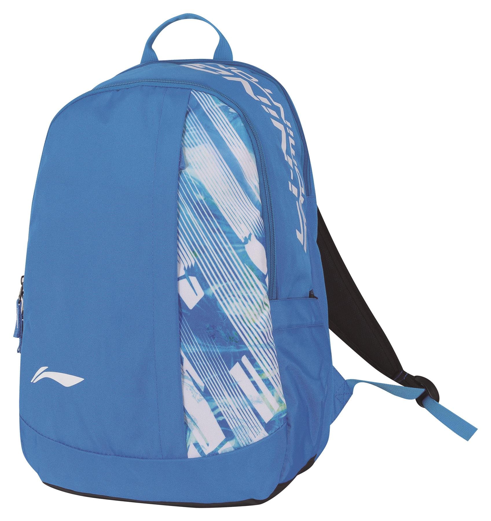 The Li-Ning Badminton Backpack in Light Blue is a fashionable accessory featuring a white abstract design on the front pocket. It offers a spacious main compartment, handy side pockets, a black strap, and a top handle for effortless carrying.