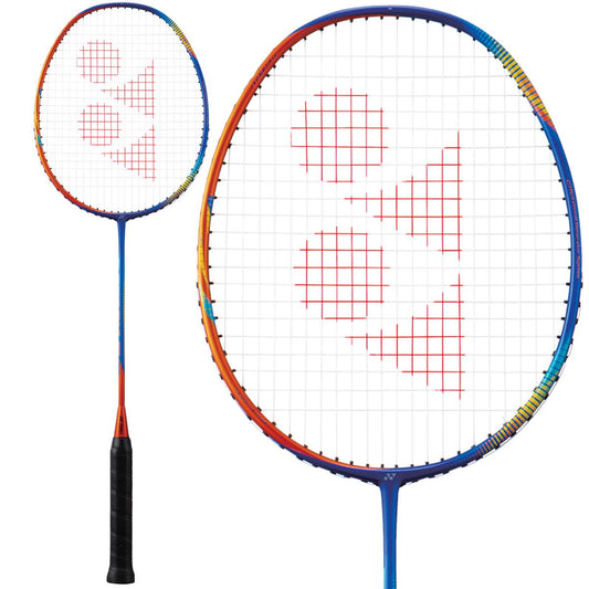 A close-up image of the Yonex Astrox Flash Boost FB badminton racket from Yonex, showcasing its navy blue and orange frame. The black handle contrasts with the lightweight strings, featuring a red pattern of two triangles and a circle. The white background accentuates its head-heavy design.