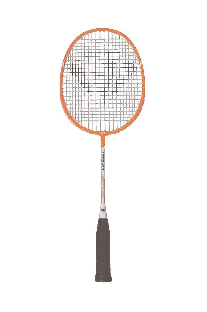 The Carlton Midi-Blade ISO 4.3 Junior Badminton Racket, in a striking white and orange color scheme, boasts a stylish black grip and is showcased against a simple white backdrop.