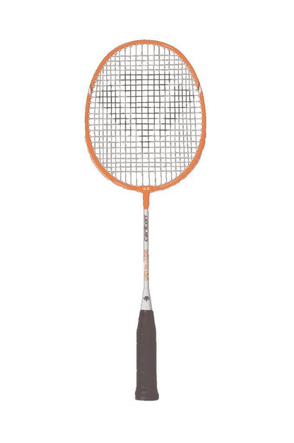 The Carlton Midi-Blade ISO 4.3 Junior Badminton Racket, in a striking white and orange color scheme, boasts a stylish black grip and is showcased against a simple white backdrop.