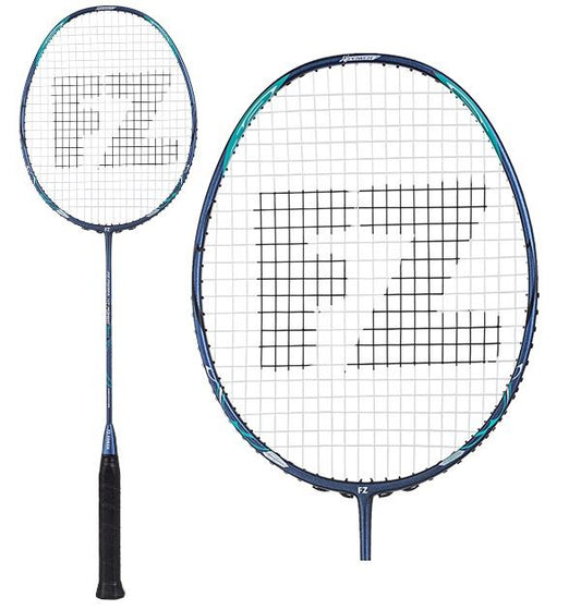 Introducing the FZ Forza HT Power 36-S Badminton Racket by FZ Forza, featuring a unique black handle and a blue and white strong box frame. The high-tension strings elegantly form the letters "FZ" at the center of the racket head, making this powerful racket a standout choice. Both full and close-up views are available for a detailed look.