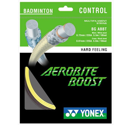 The Yonex Aerobite Boost Badminton String Grey Yellow - 0.72/0.61mm 10m Packet features a distinctive dual-color design. The specifications include main strings measuring 0.72 mm and cross strings at 0.61 mm, with labels emphasizing "Badminton Control" and "Hard Feeling" to improve on-court performance.
