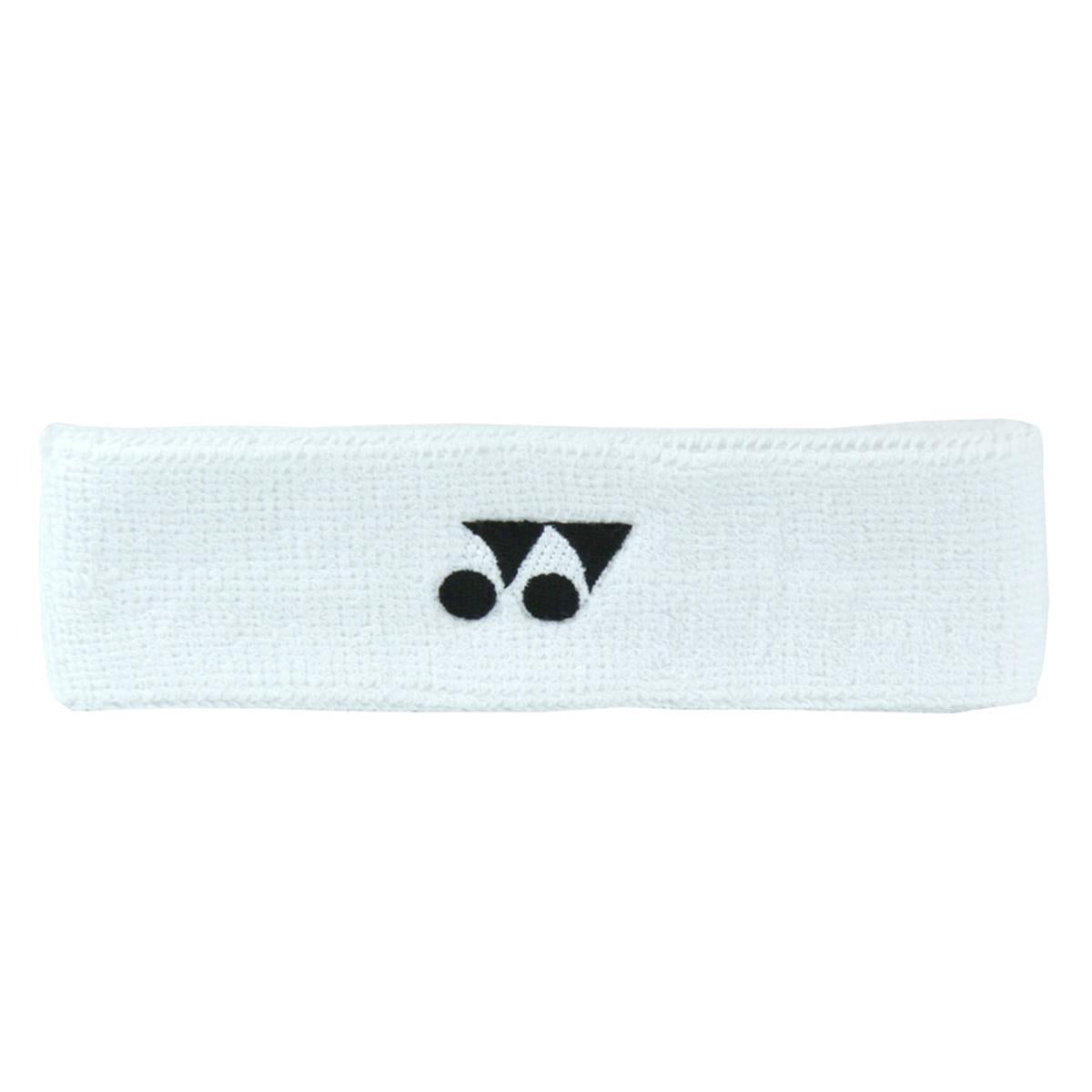 The Yonex AC258 Headband - White is a stylish athletic accessory featuring a black logo in the center. It's designed by Yonex to keep you cool and dry while effectively absorbing sweat.