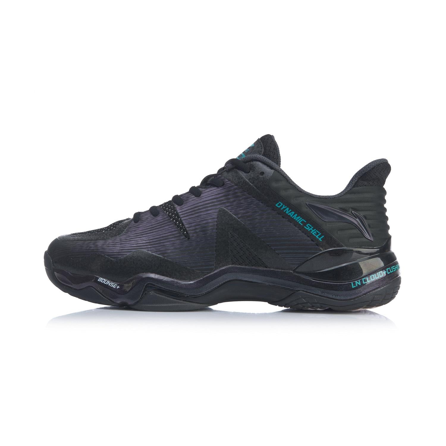 Side view of the Li-Ning Sonic Boom 2020 Men's Badminton Shoes in black, featuring a textured fabric with subtle blue accents. Designed for ultimate comfort and durability, these low-cut shoes showcase brand logos and text details along the side and heel, making them perfect for those seeking stylish badminton footwear.