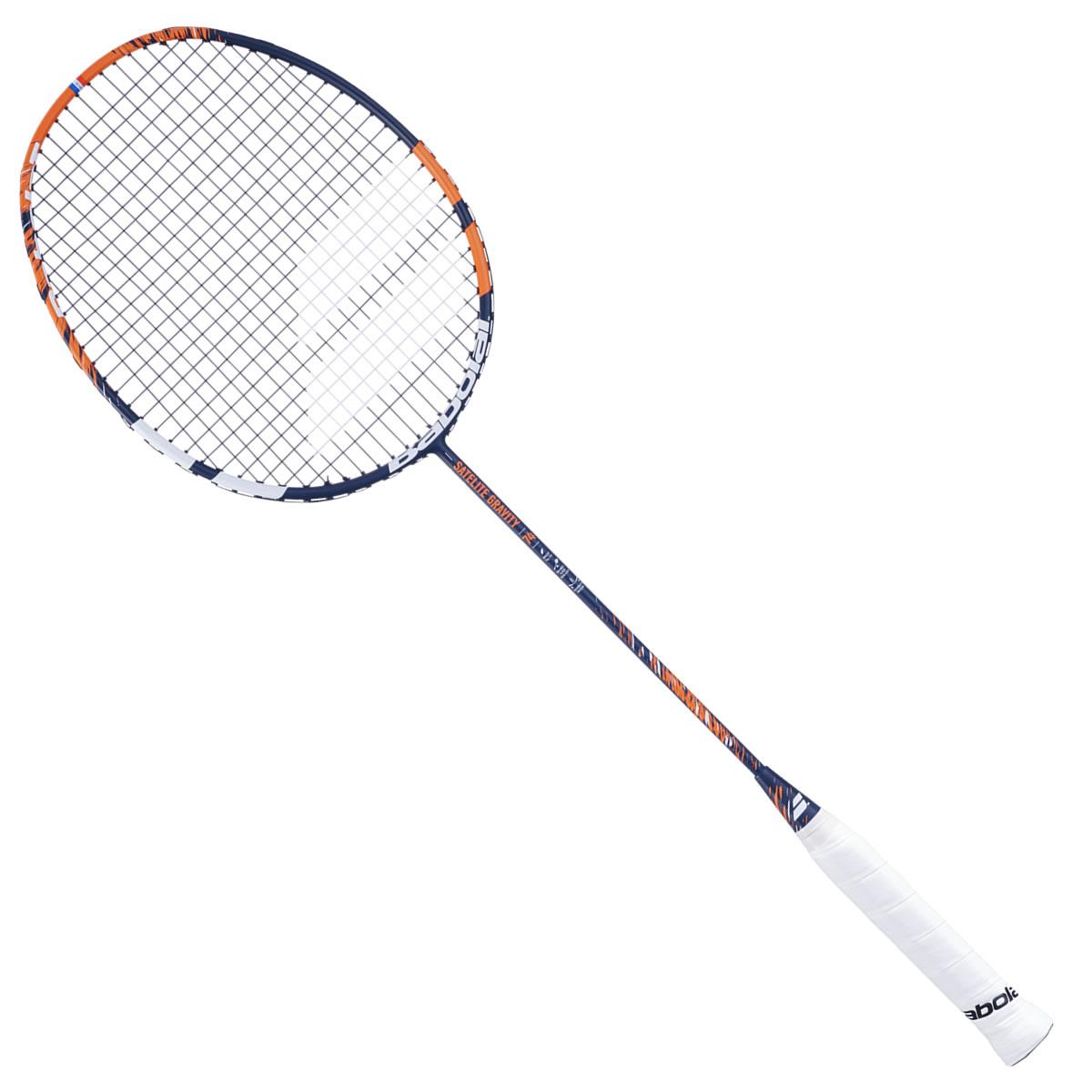 The Babolat Satelite Gravity 74 Badminton Racket - Orange from Babolat is an ultra lightweight racket featuring a white handle, a slim shaft, and a frame in alternating blue, orange, and white colors. Designed for defensive players, its stringed head boasts a checkered pattern for precision control.