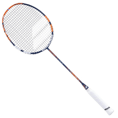 The Babolat Satelite Gravity 74 Badminton Racket - Orange from Babolat is an ultra lightweight racket featuring a white handle, a slim shaft, and a frame in alternating blue, orange, and white colors. Designed for defensive players, its stringed head boasts a checkered pattern for precision control.