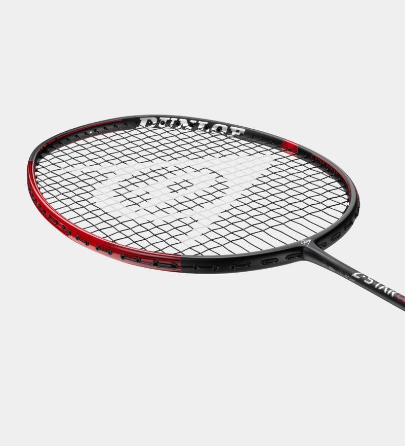 A close-up of the Dunlop Z-Star Control 88 badminton racket reveals its red and black frame with a white logo on the strings. Ideal for advanced-level players, this racket features an intricate string pattern against a light gray backdrop, highlighting its Sonic Core Infinergy technology.