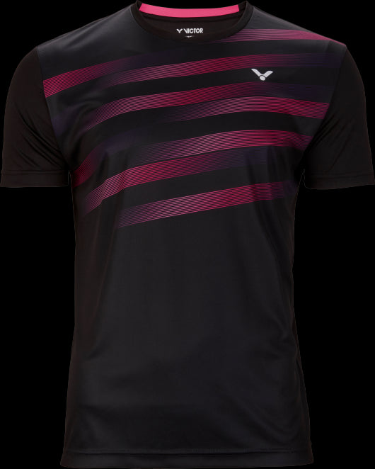 The Victor Team Line Unisex Badminton T-Shirt T-03101 C in black by Victor features pink diagonal stripes across the chest and shoulders, with a small logo near the neckline. Its moisture-wicking fabric makes it ideal for teamwear, ensuring comfort.