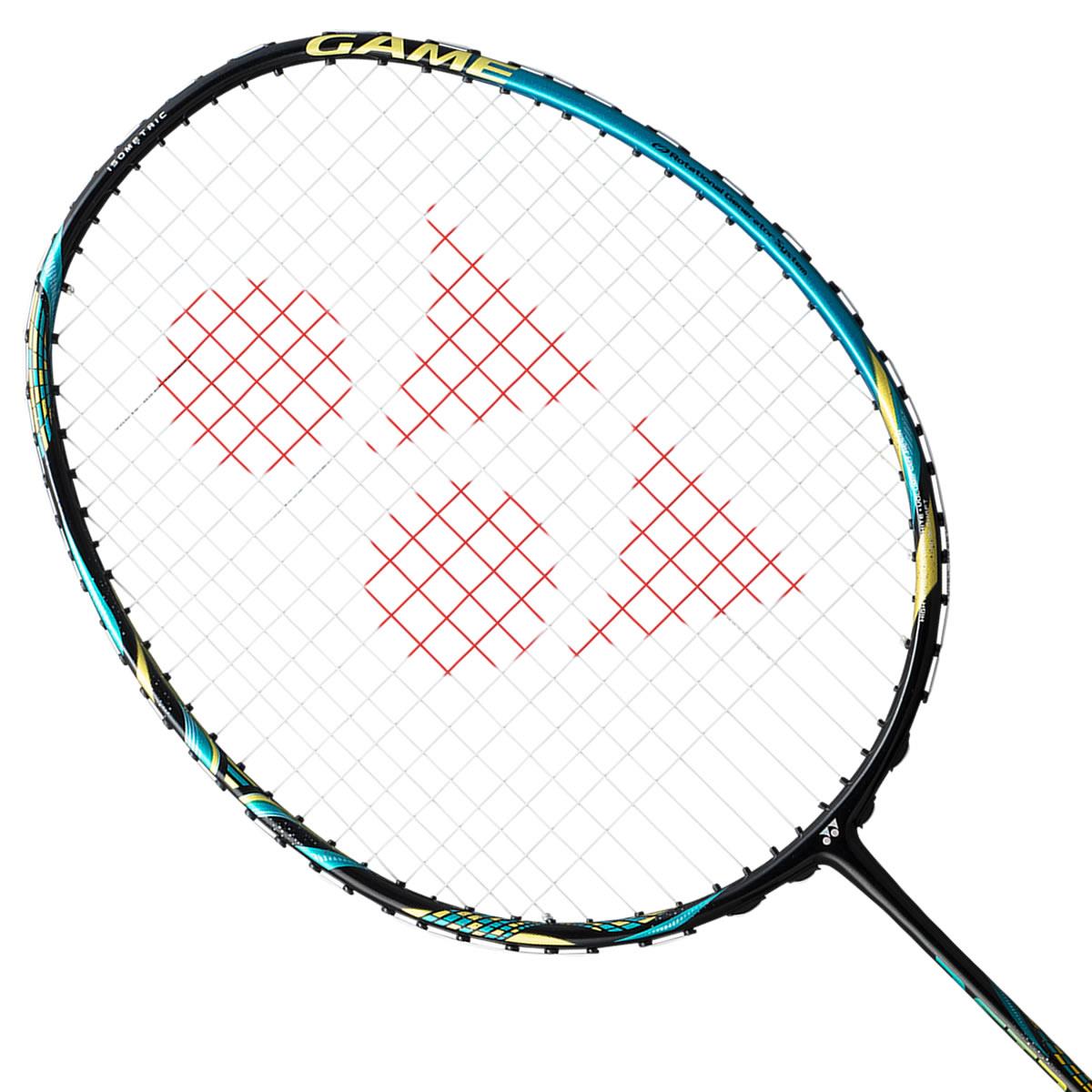 A close-up of a Yonex Astrox 88S Game badminton racket highlights its eye-catching white and red string pattern that forms a logo. The blue frame, complemented by teal and yellow accents, is engineered for control and power, featuring the advanced VOLUME CUT RESIN technology.