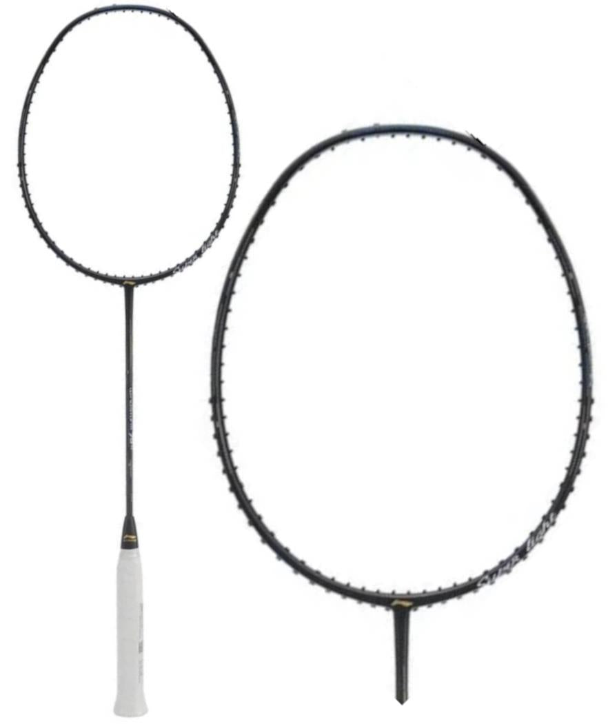 Two Li-Ning Windstorm 79H badminton rackets with black frames and white grips are displayed, one fully visible while the other is partially obscured. The ultralight construction of these rackets, featuring oval heads and slim frames, stands out against the white background.