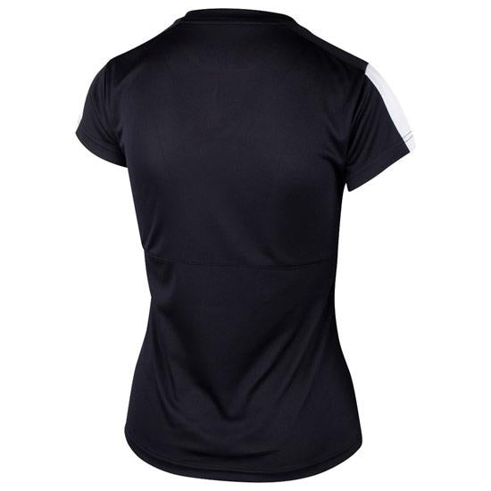 Viewed from the back, the Yonex YTL3 Women's Badminton T-Shirt in black features a sleek white stripe on each short sleeve. This Yonex shirt is made with smooth polyester fabric that merges style and performance seamlessly.