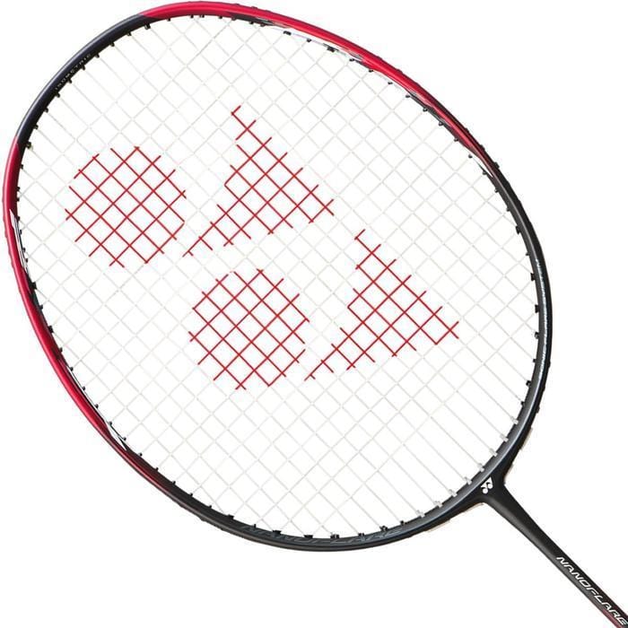 The Yonex Nanoflare 700 5U badminton racket from Yonex boasts a stylish frame in red with black highlights. Its strings are adorned with a vibrant red logo featuring three overlapping triangles, engineered for fast speed attacks and outstanding on-court performance.