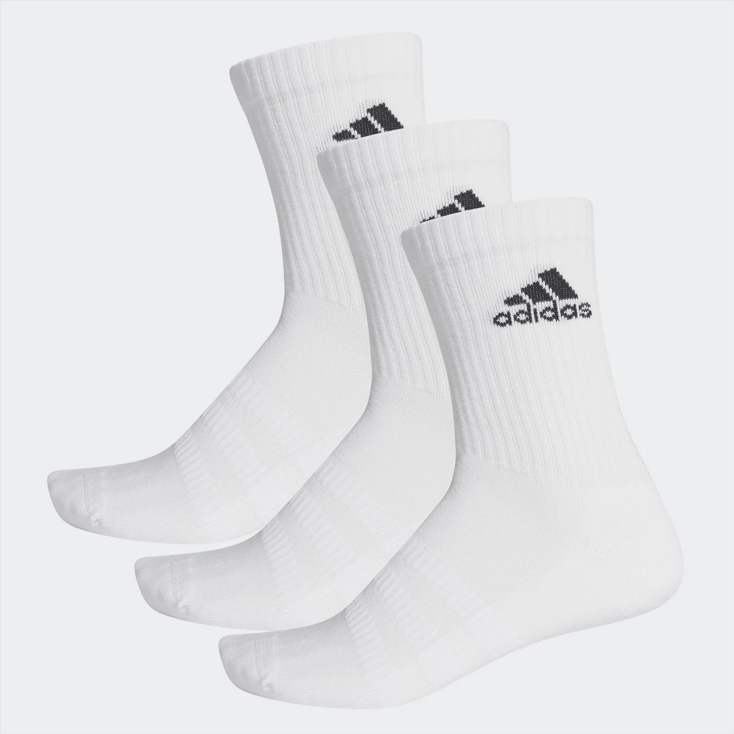 Three pairs of Adidas Cushion Crew Sports Socks - 3 Pack, in a white color featuring the iconic black logo near the top. These cotton-rich athletic socks combine style and comfort effortlessly, arranged in a cascading pattern on a light background.