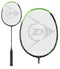 The Dunlop Revo Star Titan 85 Badminton Racket, crafted with high modulus graphite, features a stylish black and green design. It boasts a checkered string pattern with the logo at the center. The handle is wrapped in black grip tape and includes an anti-torsional regulator for enhanced performance. The racket is showcased from both the front and side perspectives.