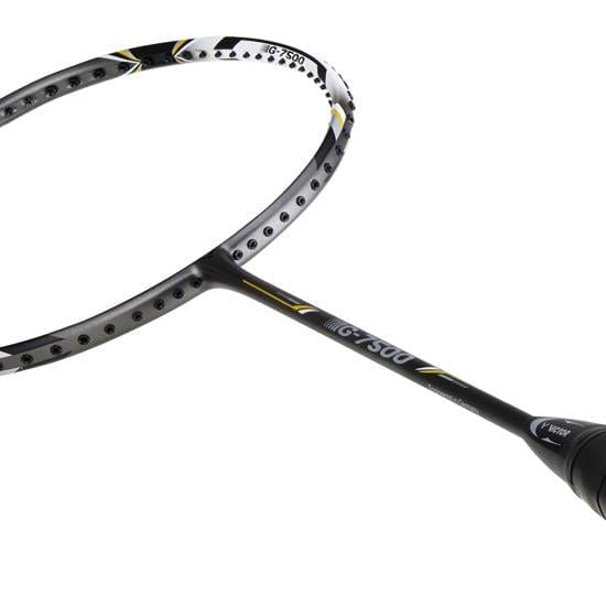 A detailed look at the Victor G-7500 Badminton Racket - Black, crafted entirely from carbon and ideal for beginners, showcases its stringless head and handle. The model number "G-7500" is prominently displayed on the shaft, accented with striking yellow details.