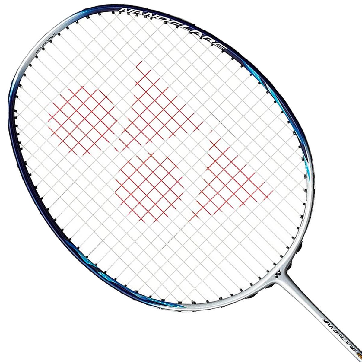 A close-up of a Yonex Nanoflare 160 Badminton Racket, with its silver and blue frame and distinctive red string pattern, is displayed against a plain white background, highlighting its head light balance.