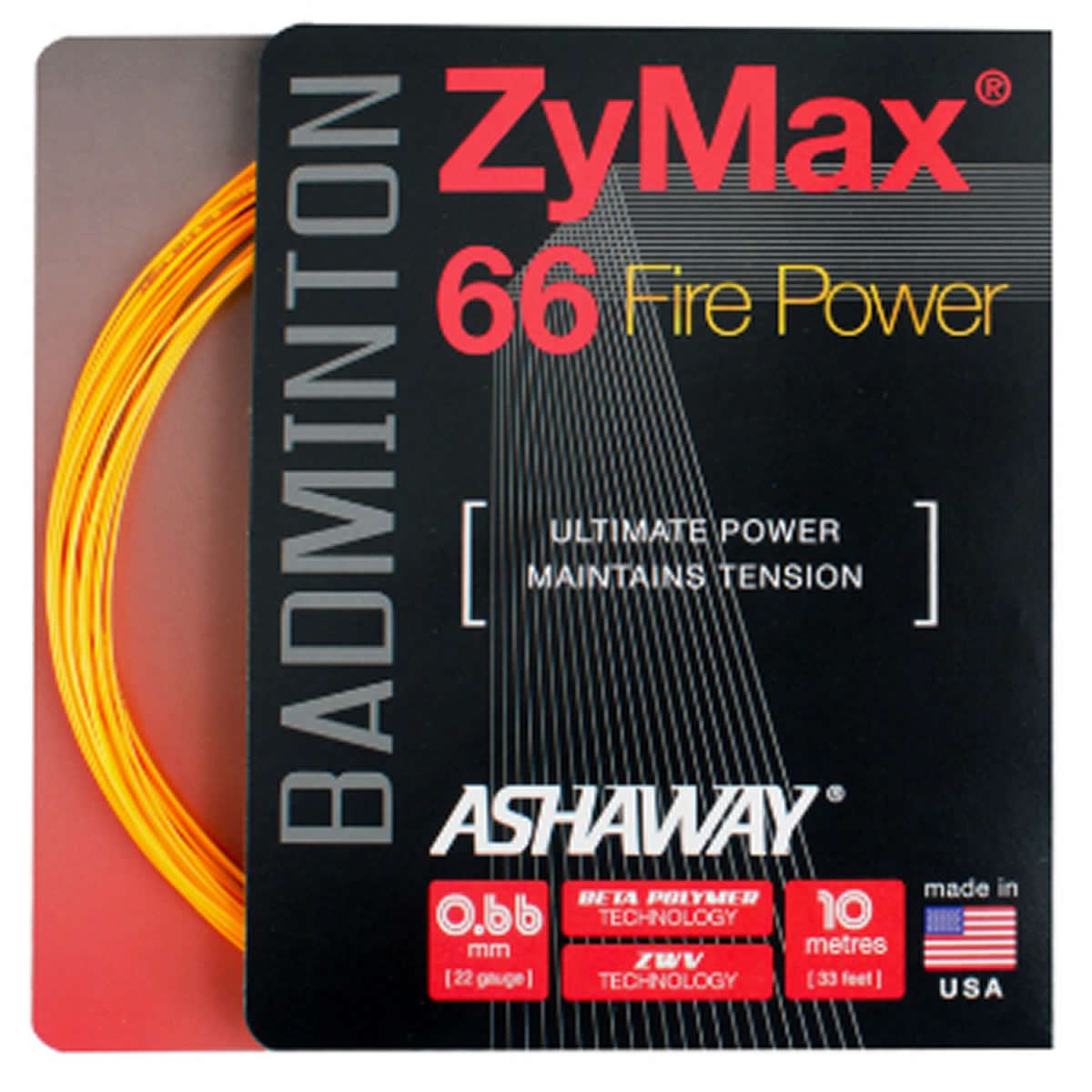 Close-up of an Ashaway ZyMax 66 Fire Power high-performance badminton string pack, showcasing a black package with red and white text that emphasizes "Ultimate Power Maintains Tension" for optimal repulsion. The packet includes specifications about the diameter (0.66mm), length (10m), and indicates it is made in the USA. Bright orange string is visible.