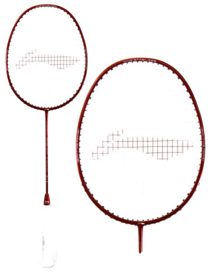 The Li-Ning XiPHOS X1 Badminton Racket in red, from the brand Li-Ning, is displayed against a plain white background. It features a wing stabilizer for enhanced control and stability, with grid-patterned strings covering its oval-shaped head for precision play. The racket includes a white handle.