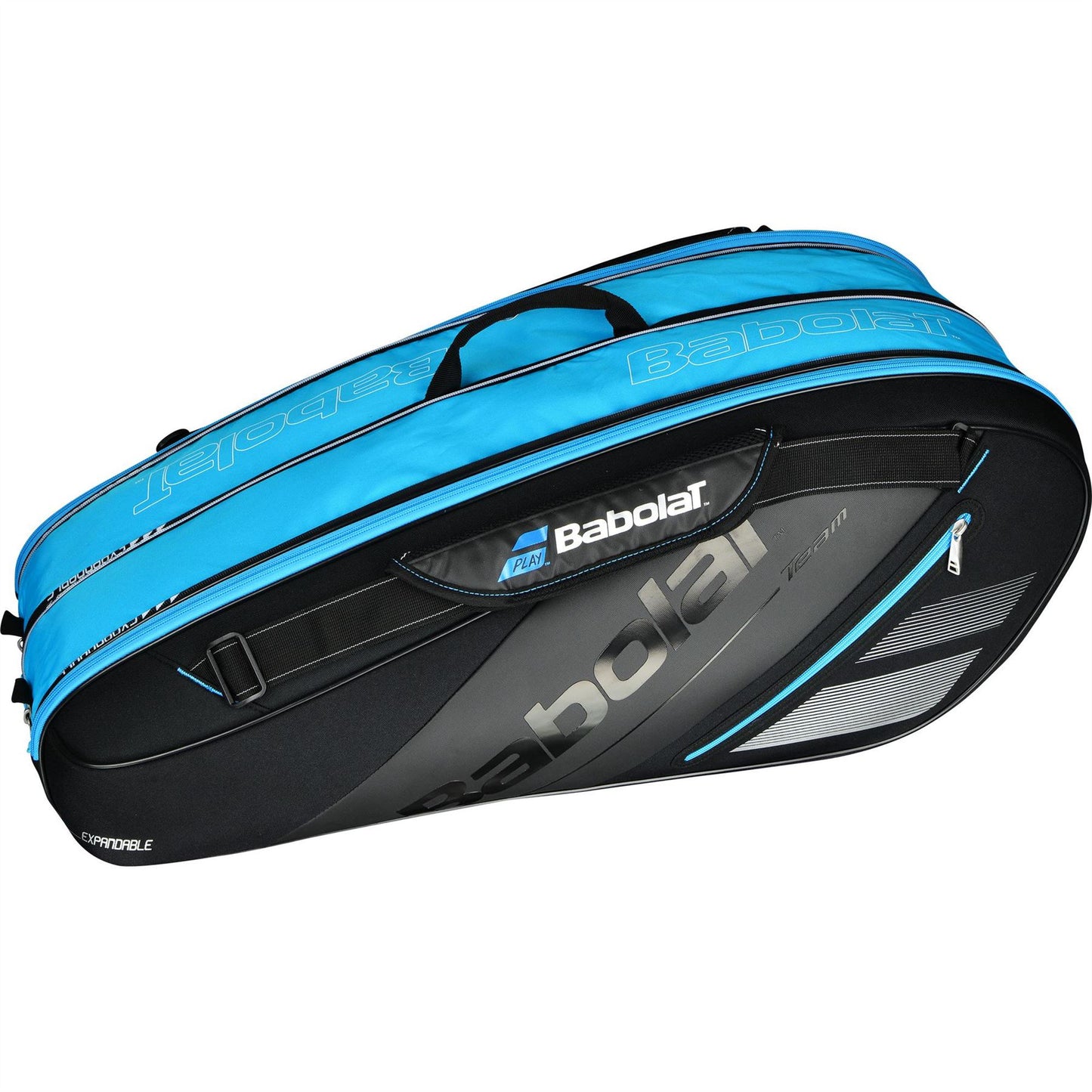 The Babolat Expand Team Badminton Racket Bag features a sleek blue and black design with multiple compartments, ideal for organizing your equipment. The Babolat logo is prominently displayed on the side, representing quality and style.