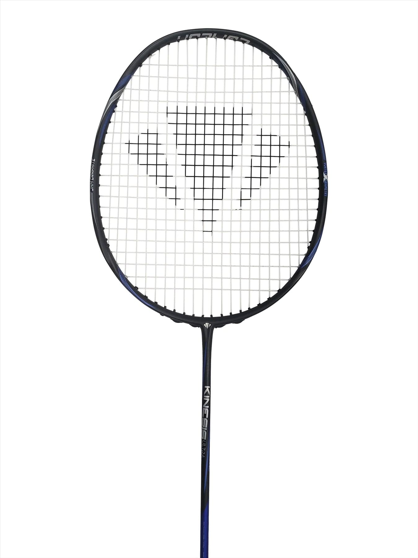 The Carlton Kinesis Ultra S-Lite Badminton Racket in black/blue features a sleek black frame with strings displaying a triangular logo pattern. Its shaft is branded with "KINEX" in white text and is designed with an Xtreme Tension Frame for superior performance, set against a plain white background.