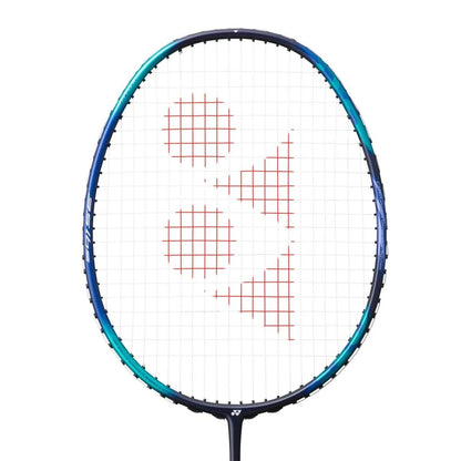 The Yonex Astrox 10 DG 4U badminton racket, from the renowned brand Yonex, features a navy blue and turquoise frame with white strings and prominently displays a striking red geometric logo at the center. Its head-heavy balance makes it stand out elegantly against the plain white background.