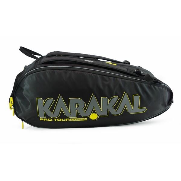 The Karakal Pro Tour 2.0 Comp Racket Bag in black, featuring striking yellow accents and the Karakal logo, offers a modern design with numerous compartments. Perfect for tournament players, it includes double shoulder straps to conveniently carry sports equipment.