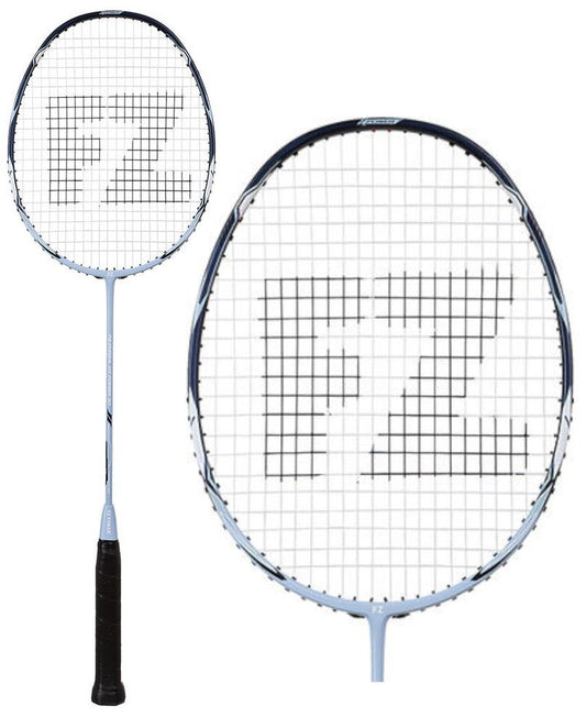 The FZ Forza HT Power 30 Badminton Racket is tailored for intermediate and advanced players, featuring a light blue metallic frame and a black handle. The strings are uniquely arranged to form the "FZ" logo within the racket's head, supporting maximum tension. The image includes both a complete view of the racket and a detailed close-up of its head.