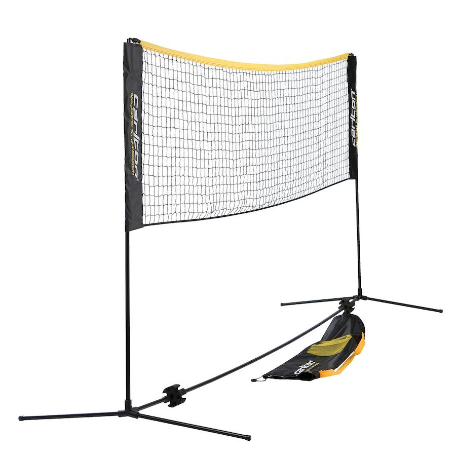 The Carlton Badminton Put-Up Net, a product by Carlton, features an eye-catching yellow-and-black color design and includes two adjustable-height poles along with a robust base to ensure stability. Ideal for both indoor and outdoor settings, this net setup comfortably sits on a hardwood floor and comes with a practical carrying case for easy transportation.