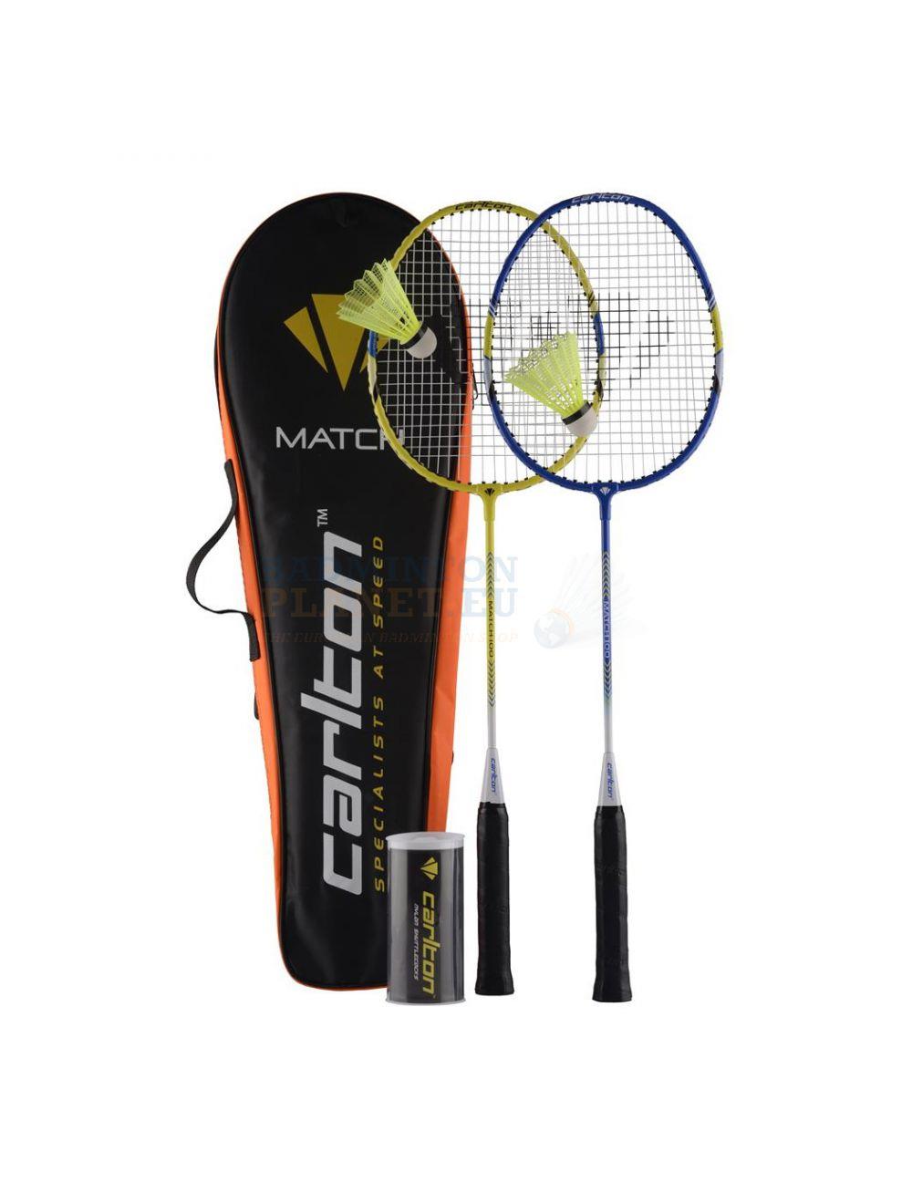 The Carlton Match 100 2 Player Badminton Racket Set includes two steel alloy rackets with strings attached to shuttlecocks, a tube of shuttles, and an orange and black carrying case branded with "Carlton.