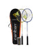 The Carlton Match 100 2 Player Badminton Racket Set includes two steel alloy rackets with strings attached to shuttlecocks, a tube of shuttles, and an orange and black carrying case branded with "Carlton.