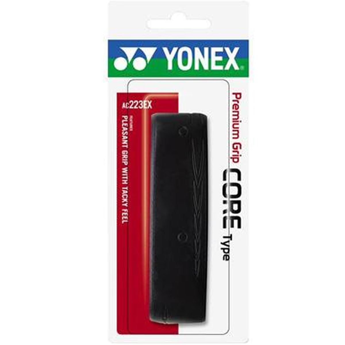 Packaging for a Yonex AC223EX Premium Grip Comfort Full Replacement Badminton Grip - Black. The design is primarily white with green and blue Yonex branding at the top. Inside, the black grip provides a pleasant experience with its tacky feel, enhanced by polyurethane foaming urethane for superior comfort. These features are highlighted in red text on the side.